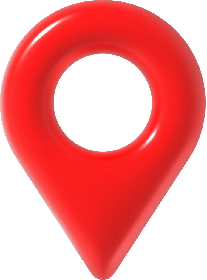 A 3D glossy red location pin icon stands isolated on a plain background.